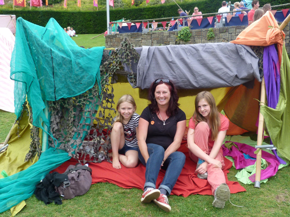 Katie, Emily and myself on a far more relaxed outing in Cornwall – den building at the Eden Project.